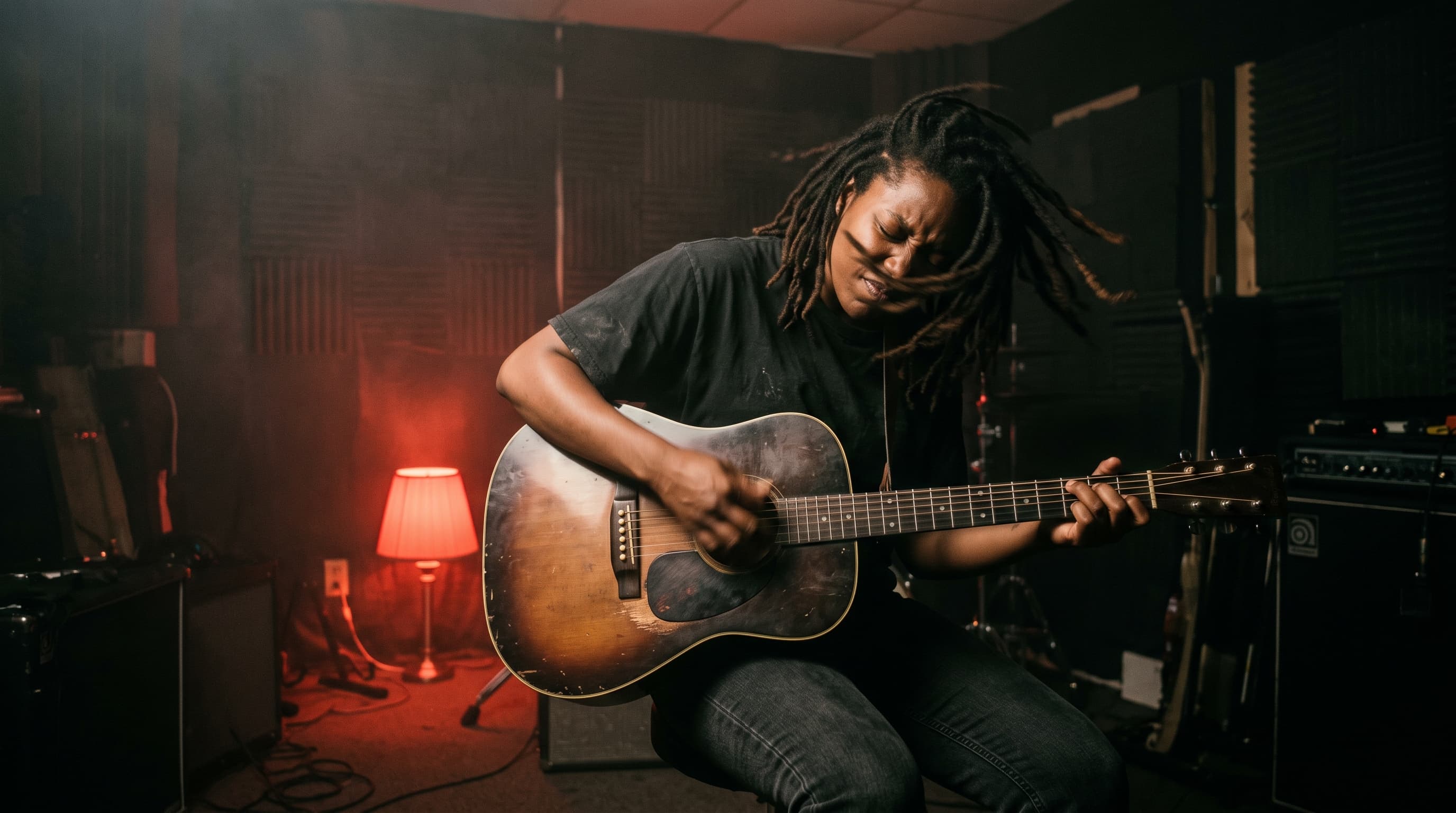 A guitarist mid-strum in a dark rehearsal room