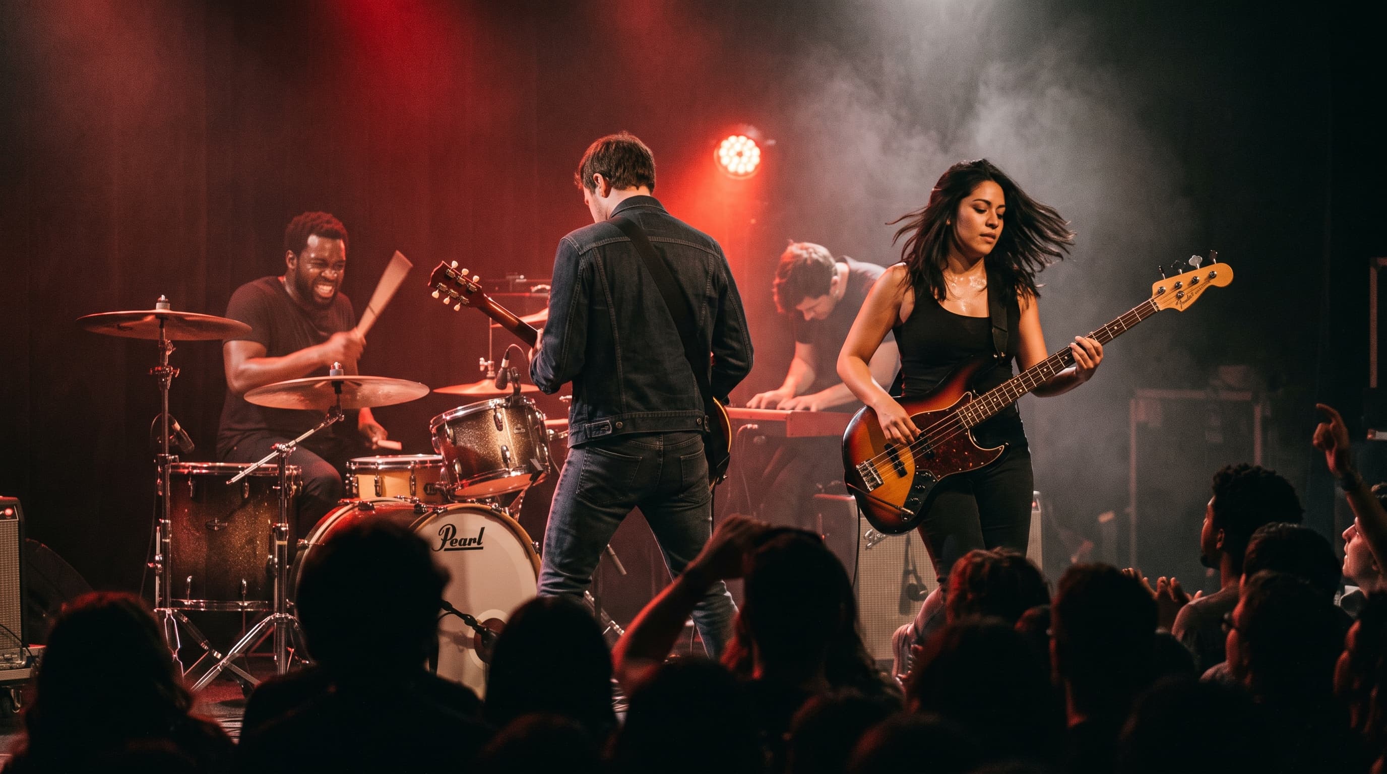 A band mid-set on a small stage under heavy red light